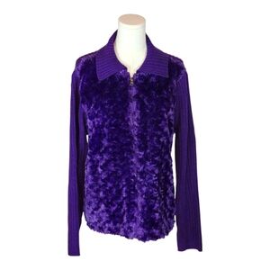 Effeci Purple Faux Fur & Knit Zip-Up Sweater Jacket Large Y2K Retro Statement
